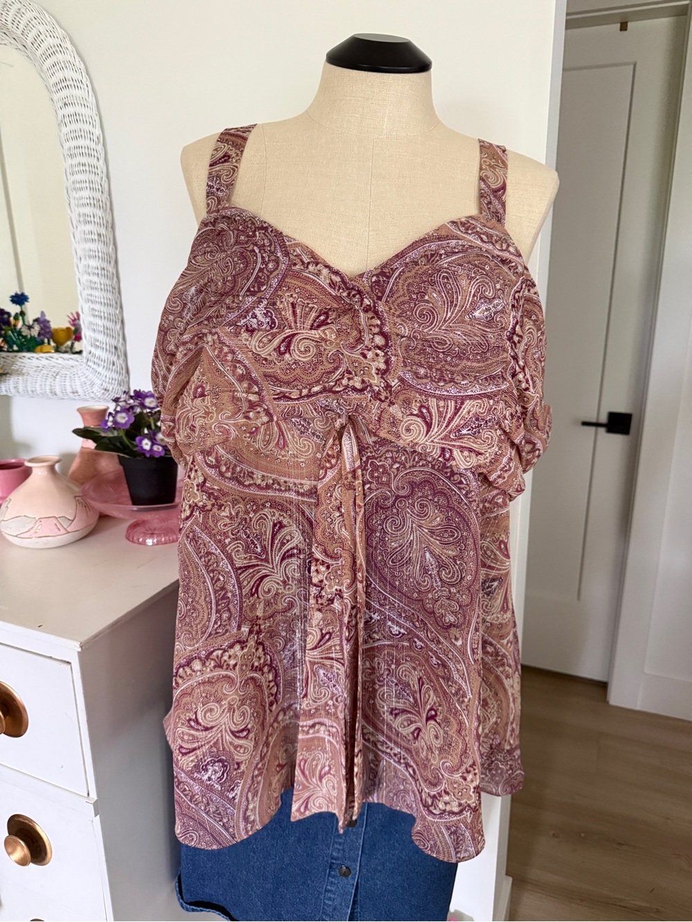 90βs Plus Size Paisley Tie-Front tank - Mauve Pink